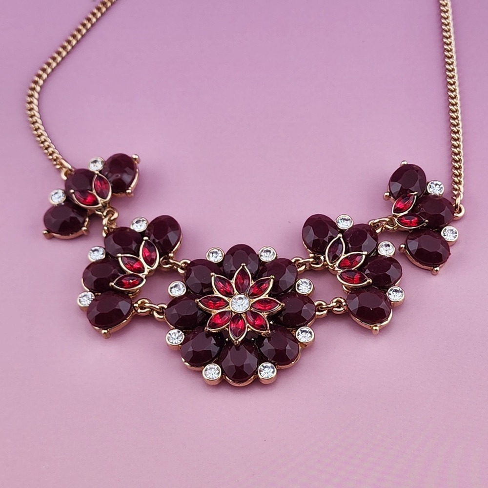 Burgundy Rhinestone Floral Statement Necklace Gold Tone Glam Cocktail Jewelry